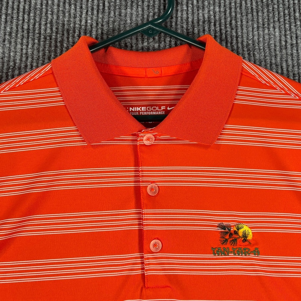 Nike Mens Shirt Polo Large Orange Striped Short Sleeve Golf Tour Performance